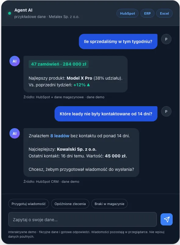 Agent AI odpowiadający na pytania o sprzedaż i leady na podstawie danych z ERP i CRM