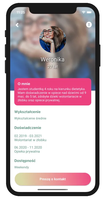 Profil opiekunki z przyciskiem prośby o kontakt w aplikacji Szukam Niani