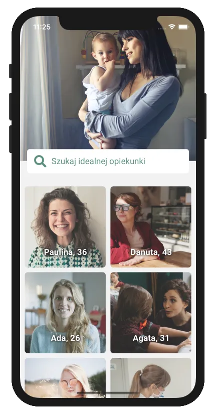 Ekran wyszukiwania opiekunek z ich zdjęciami w aplikacji Szukam Niani