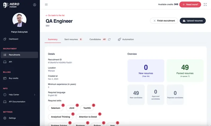 Hero Parser dashboard with scored candidates
