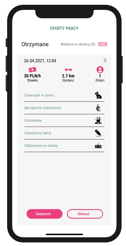Ekran oferty pracy z wymaganiami rodzica i stawką godzinową