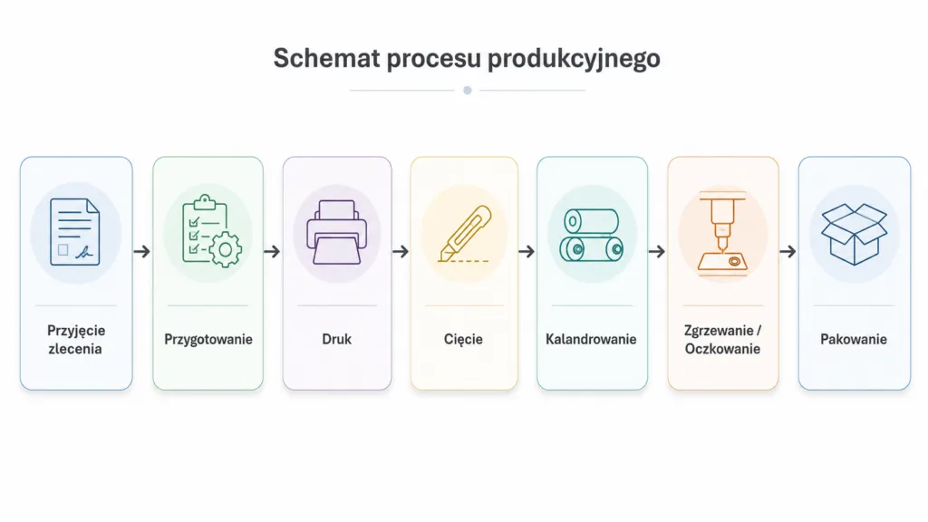 Schemat procesu produkcyjnego: przyjęcie zlecenia, przygotowanie, druk, cięcie, kalandrowanie, zgrzewanie, pakowanie