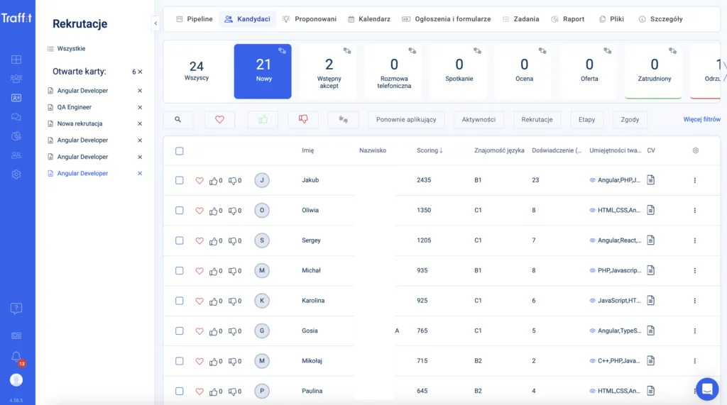 Lista kandydatów w TRAFFIT ze scoringiem z Hero Parser